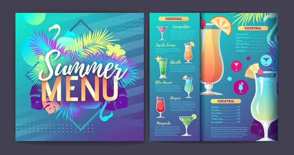 Restaurant Zomer Tropische Gradiënt Cocktailmenu Ontwerp Met Fluorescerende Tropische Bladeren — Stockvector