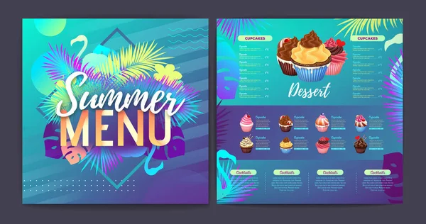 餐厅夏季热带梯度甜点设计与荧光热带叶和火烈鸟 — 图库矢量图片