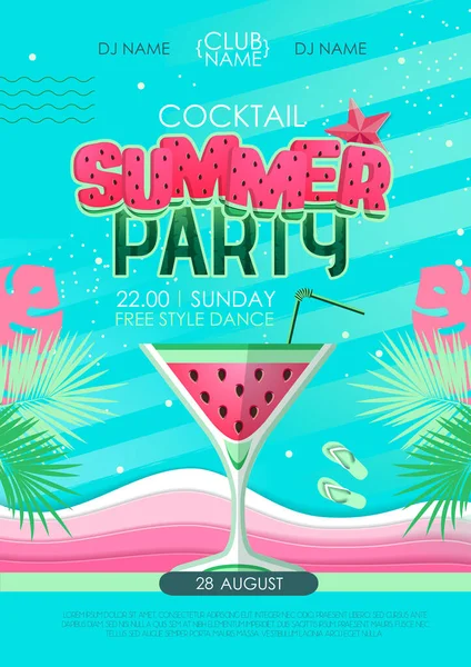 Sommar Cocktailparty Affisch Med Vattenmelon Och Tropiska Blad Vektorillustration — Stock vektor