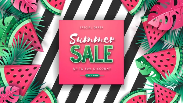 Summer Big Sale Αφίσα Καρπούζι Και Τροπικά Φύλλα Ριγέ Φόντο — Διανυσματικό Αρχείο