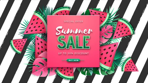 Summer Big Sale Αφίσα Καρπούζι Και Τροπικά Φύλλα Ριγέ Φόντο — Διανυσματικό Αρχείο