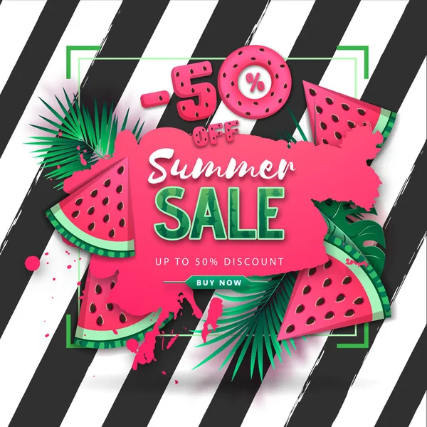 Großes Sommerposter Mit Wassermelone Und Tropischen Blättern Auf Gestreiftem Hintergrund — Stockvektor