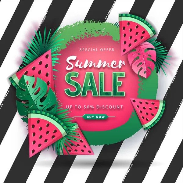 Summer Big Sale Poster Watermelon Tropic Leaves Striped Background Summertime — Stock Vector