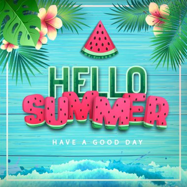Mavi arka planda karpuz olan tipografi merhaba yaz posteri. Yaz dönemi arkaplanı