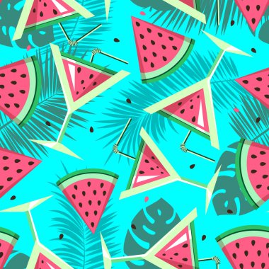 Karpuz dilimleri, kokteyller ve tropik yapraklarla kusursuz desen. Vektör çizimi. Karpuz yaz arkaplanı