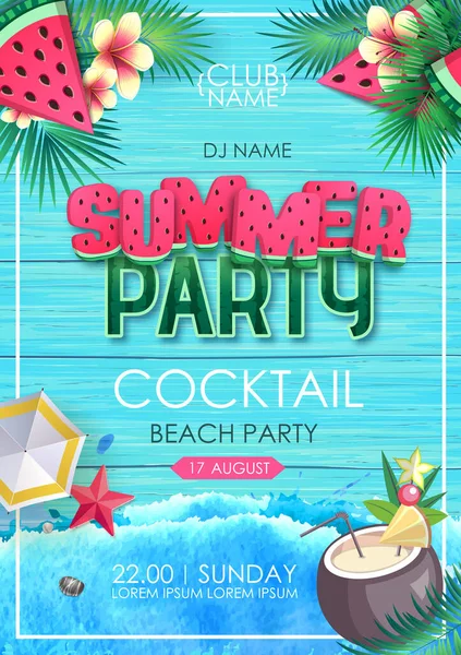 Summer Disco Party Poster Watermelon Tropic Leaves Vector Illustration — Stock Vector