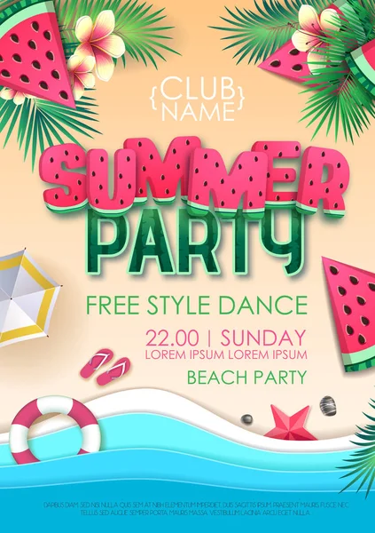 Summer Disco Party Poster Watermelon Tropic Leaves Vector Illustration — Stock Vector