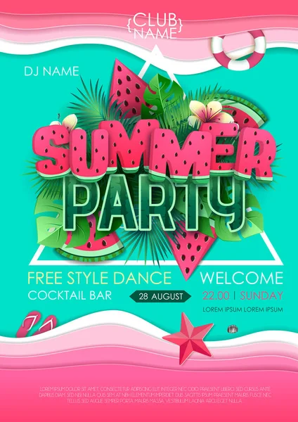 Summer Disco Party Poster Watermelon Tropic Leaves Vector Illustration — Stock Vector