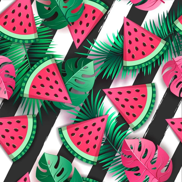 Seamless Pattern Watermelon Slices Tropic Leaves Vector Illustration Watermelon Summer — Stock Vector