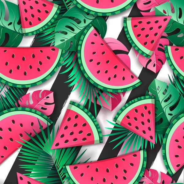 Seamless Pattern Watermelon Slices Tropic Leaves Vector Illustration Watermelon Summer — Stock Vector