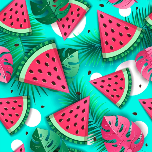 Seamless Pattern Watermelon Slices Tropic Leaves Vector Illustration Watermelon Summer — Stock Vector