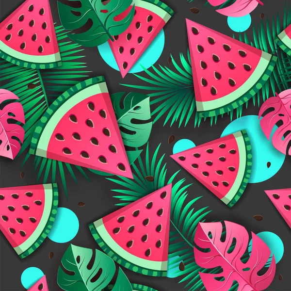 Seamless Pattern Watermelon Slices Tropic Leaves Vector Illustration Watermelon Summer — Stock Vector