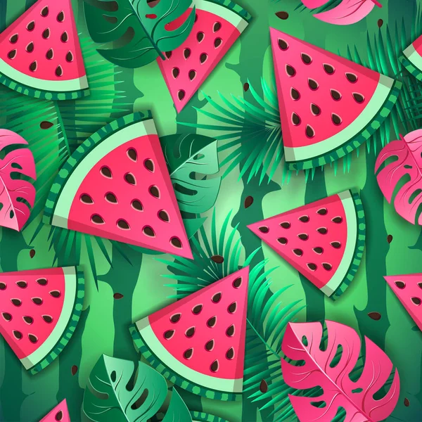 Seamless Pattern Watermelon Slices Tropic Leaves Vector Illustration Watermelon Summer — Stock Vector