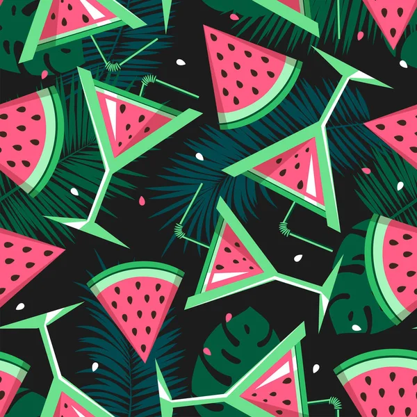 Seamless Pattern Watermelon Slices Cocktails Tropic Leaves Vector Illustration Watermelon — Stock Vector