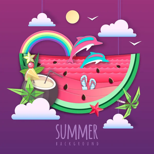 Slice Watermelon Sea Osean Landscape Dolphin Summer Beach Background Cut — Stock Vector