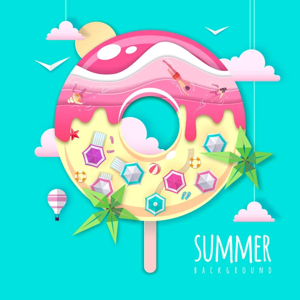 Donut Met Zee Osean Eiland Landschap Binnen Zomer Strand Achtergrond — Stockvector