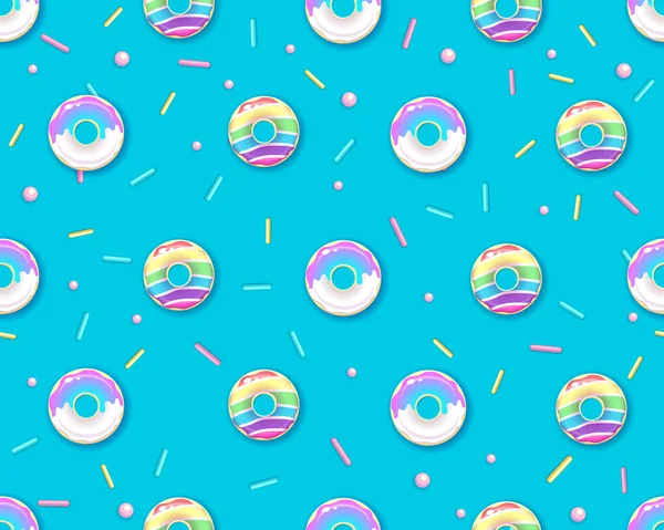 色彩艳丽的彩虹甜甜甜圈的无缝图案 垃圾食品背景 — 图库矢量图片