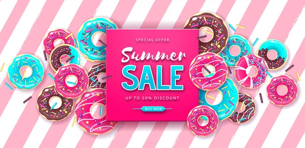 虹を背景に甘いドーナツとカラフルな夏の大販売ポスター 夏の背景 ジャンクフードの背景 タイポグラフィデザイン — ストックベクタ