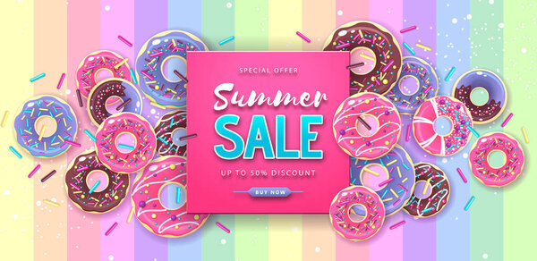 Красочный летний большой плакат распродажи со сладкими пончиками на радужном фоне. Летний фон. Фон нездоровой пищи. Типографический дизайн
