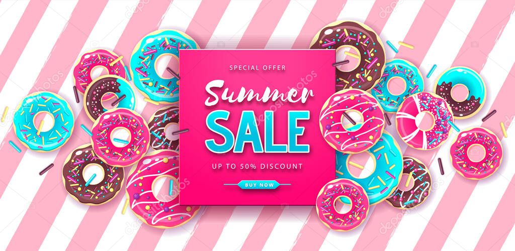 Colorful summer big sale poster with sweet donuts on rainbow background. Summertime background. Junk food background. Typography design