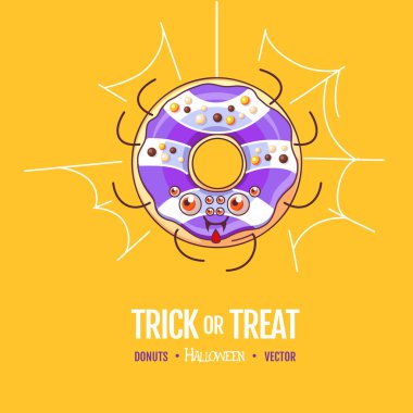 Cadılar Bayramı Kawaii komik çörek örümceği. Tatlı fast food vektör çizimi. Cadılar Bayramı Grafik Yazdırma İşareti