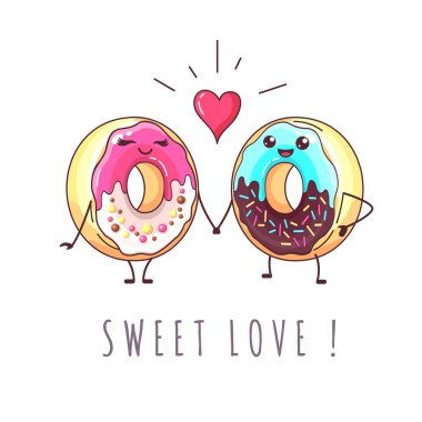 Kawaii aşık komik çörekler. Tatlı fast food vektör çizimi. Grafik yazdırma işareti