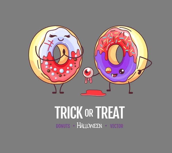 Halloween Kawaii Funny Donuts Couple Sweet Fast Food Vector Illustration — Stock Vector