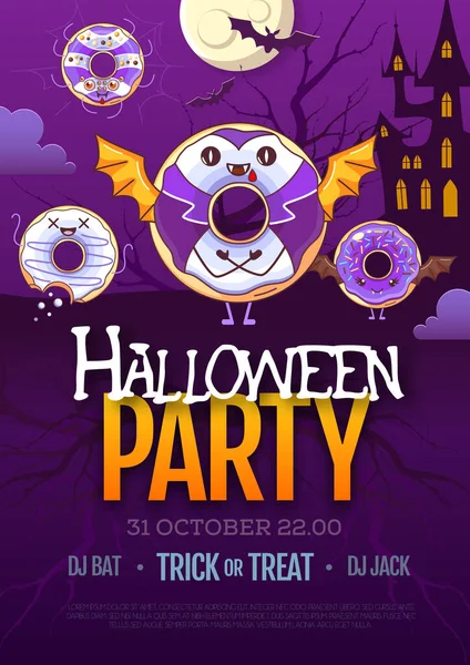 Halloween Disco Party Poster Kawaii Sweet Donuts — Stock Vector