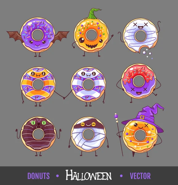 Ensemble Beignets Amusants Kawaii Halloween Colorés Illustration Vectorielle Restauration Rapide — Image vectorielle