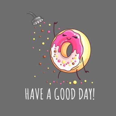 Kawaii komik çöreği şekerli konfeti banyosu yap. Tatlı fast food vektör çizimi. Grafik yazdırma işareti