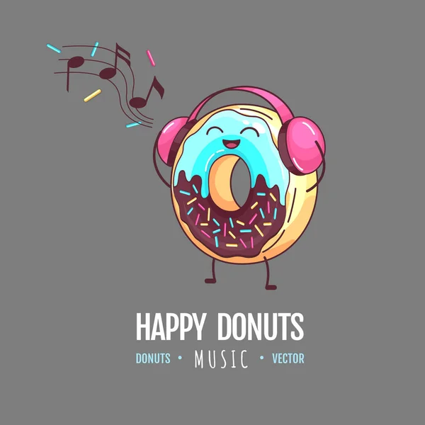 Kawaii Donut Engraçado Ouvir Música Ilustração Vetor Fast Food Doce — Vetor de Stock