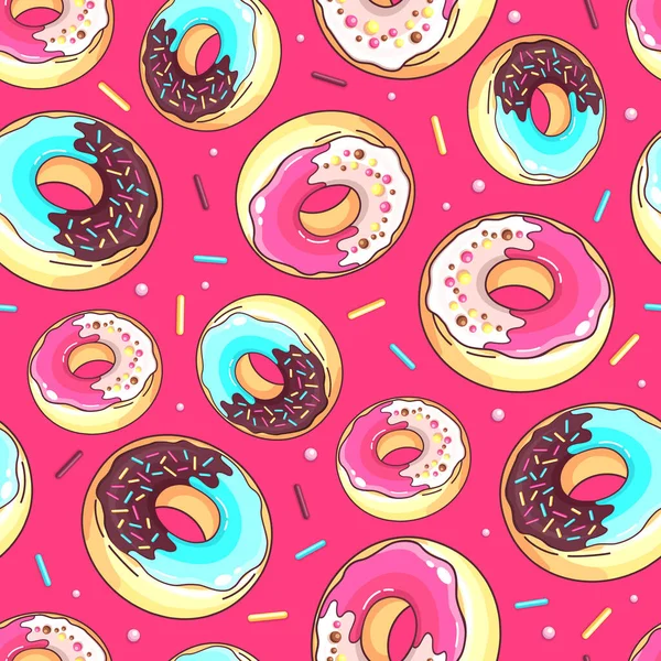 无缝隙图案 色彩艳丽的甜甜圈 垃圾快餐背景 — 图库矢量图片