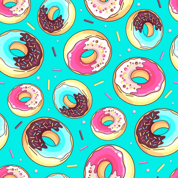 无缝隙图案 色彩艳丽的甜甜圈 垃圾快餐背景 — 图库矢量图片