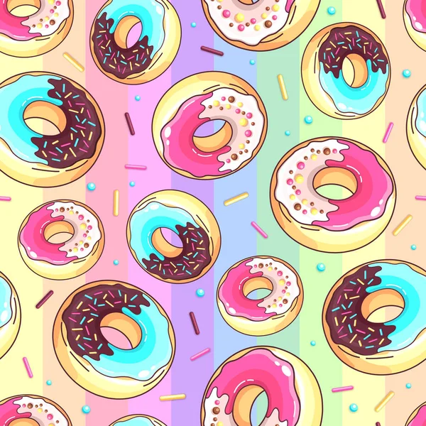 カラフルな甘いドーナツとシームレスなパターン ジャンクファーフードの背景 — ストックベクタ