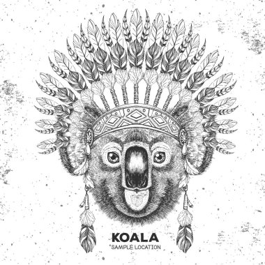 Hint tüyü başlıklı hippi hayvan koalası. Hayvan koalasının el çizimi Ağzı