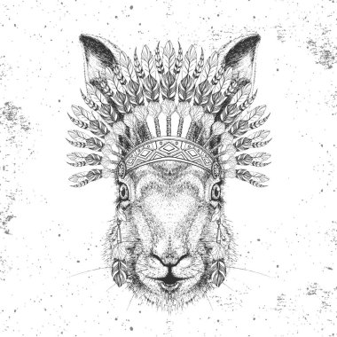 Hint tüyü başlıklı hippi hayvan tavşanı. El çizimi hayvan tavşan ağzı.