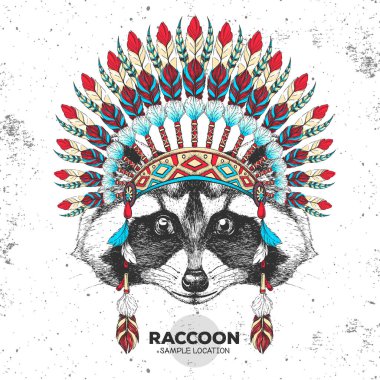 Hint tüyü başlıklı hippi hayvan rakunu. Hayvan rakununun el çizimi Ağzı