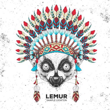 Hint tüyü başlıklı hippi hayvan lemuru. El çizimi hayvan lemuru ağzı