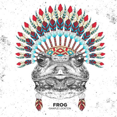 Hint tüyü başlıklı hippi hayvan kurbağası. El çizimi hayvan kurbağası ağzı