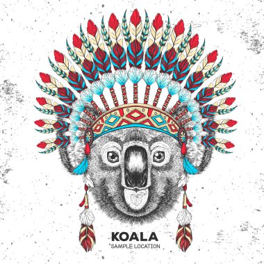 Hint tüyü başlıklı hippi hayvan koalası. Hayvan koalasının el çizimi Ağzı