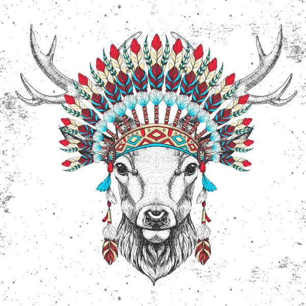 Ciervo Animal Hipster Con Tocado Plumas Indias Dibujo Mano Bozal — Vector de stock