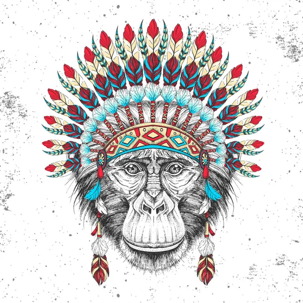 Hipsterská Opice Indiánskou Péřovou Čelenkou Ruční Kresba Tlama Zvířecí Opice — Stockový vektor