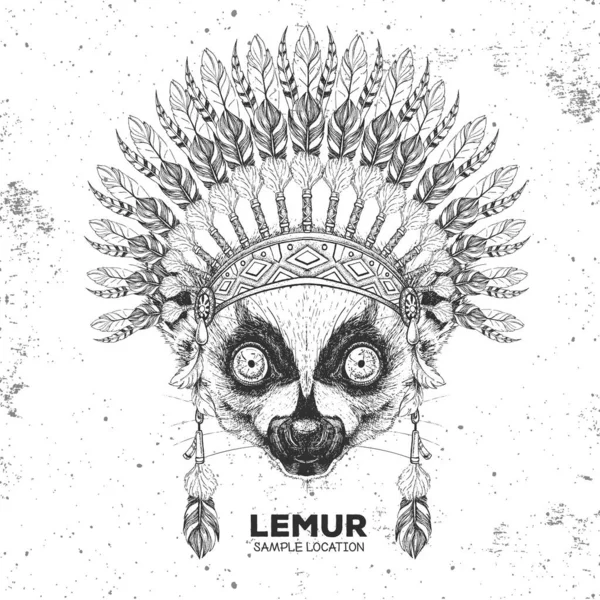 Lémur Animal Hipster Con Tocado Plumas Indias Dibujo Mano Bozal — Archivo Imágenes Vectoriales