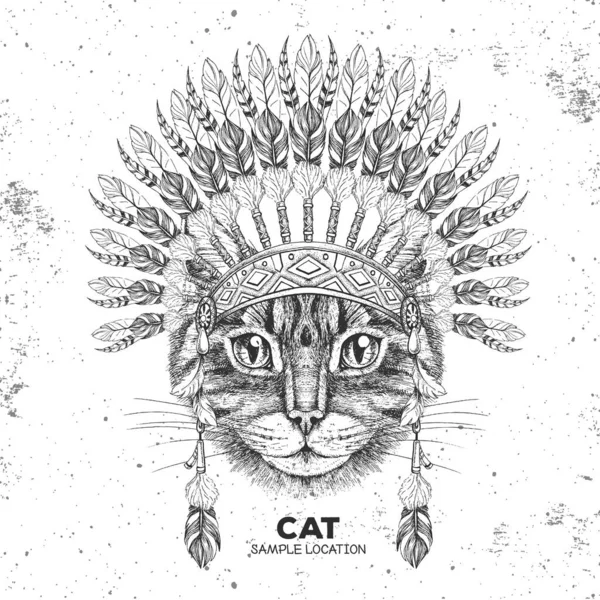 Hipster animal cat with indian feather headdress. Hand drawing Muzzle of animal cat