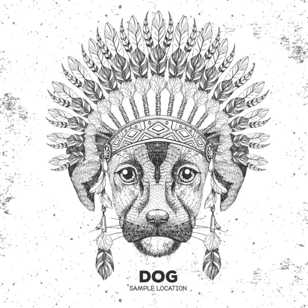 Hipster Ζώο Σκυλί Ινδικό Φτερό Φόρεμα Κεφαλής Χειροποίητο Ρύγχος Σκύλου — Διανυσματικό Αρχείο
