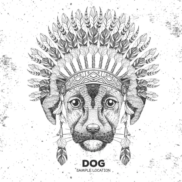 Cão Animal Hipster Com Cobertura Para Cabeça Penas Indianas Desenho —  Vetores de Stock