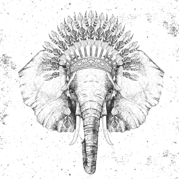 Hipster Éléphant Animal Avec Coiffure Plume Indienne Dessin Main Museau — Image vectorielle