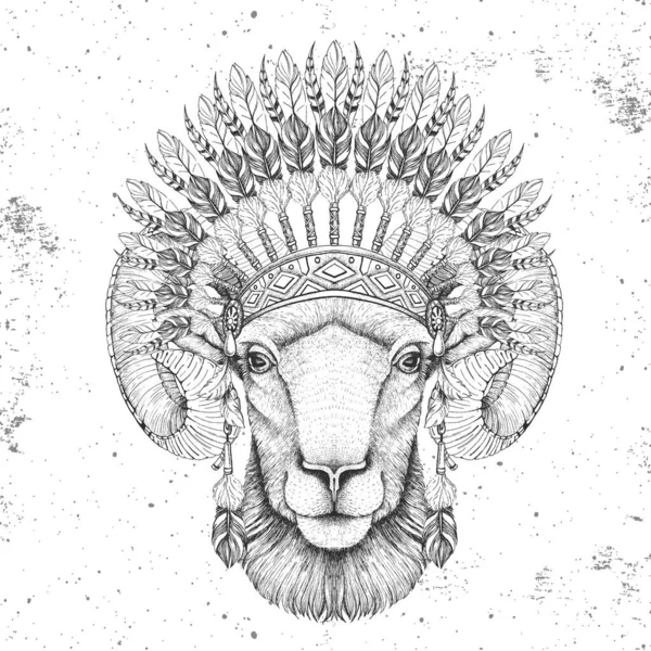 Хипстерский Таран Муфлон Индийским Головным Убором Ручной Рисунок Намордник Животного — стоковый вектор
