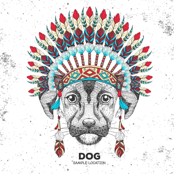 Hipster animal dog with indian feather headdress. Hand drawing Muzzle of animal dog