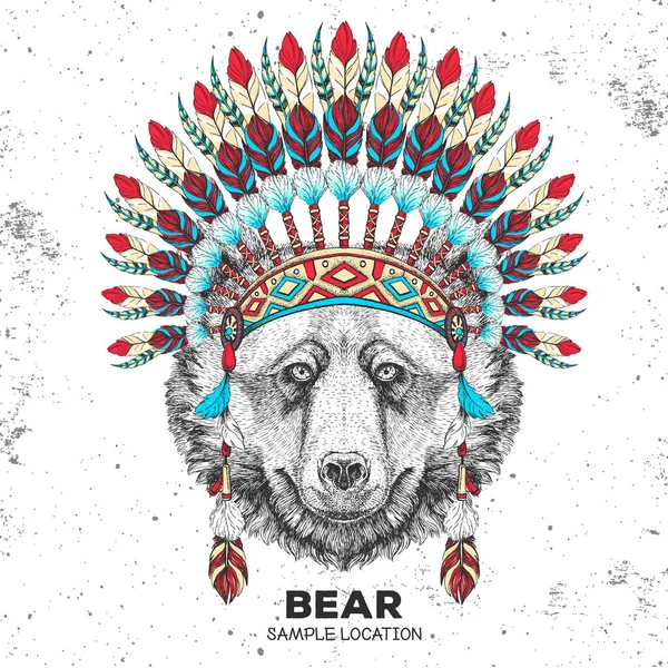 Hipsterski Niedźwiedź Indyjskim Nakryciem Pióra Rysunek Ręczny Kufa Niedźwiedzia Zwierzęcego — Wektor stockowy